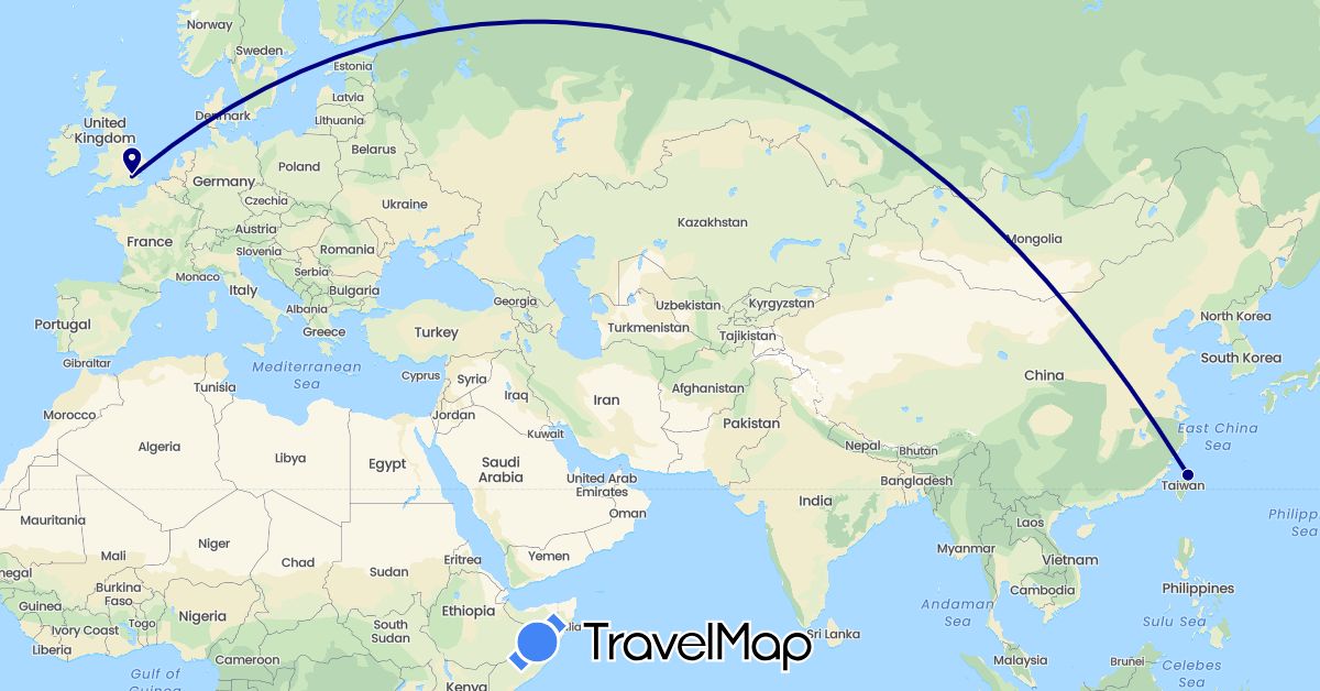 TravelMap itinerary: driving in United Kingdom, Taiwan (Asia, Europe)